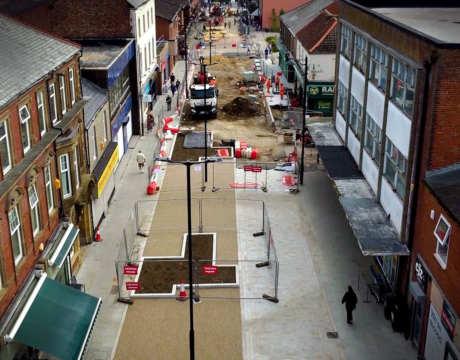 Bedford Street in North Shields part way through reconstruction, seen from above