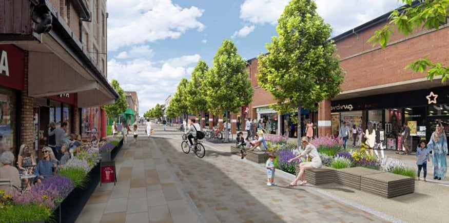 A visualisation of the completed street with seating and trees