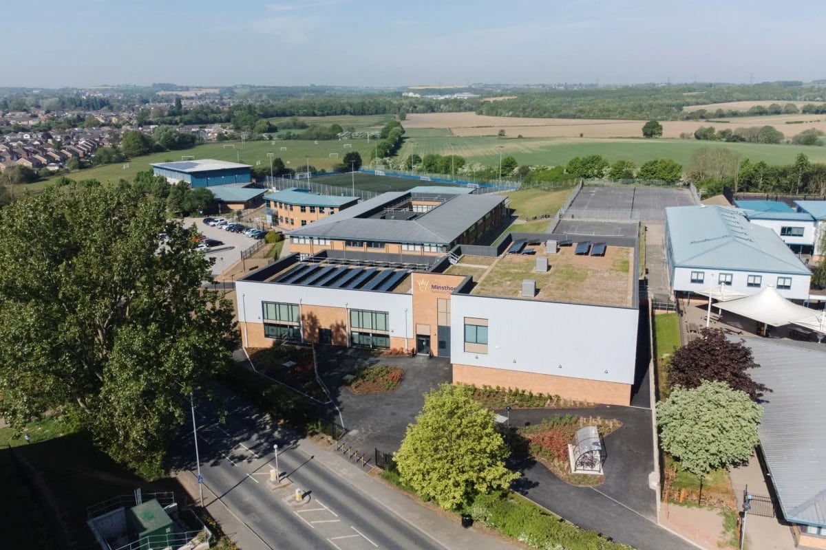 An aerial view of Minsthorpe Community College during the works