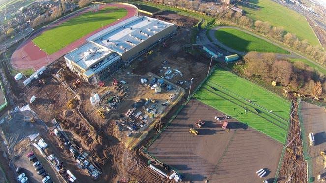 The athletics track and pavilion from the air